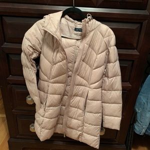 Blush pink mid length parka.